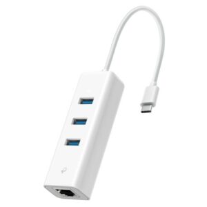 TP-LINK (UE330C) 3-Port USB-C Hub & Gigabit Ethernet Adapter, 3x USB-A 3.0, 1x GB LAN, White - Image 1