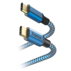 Hama Reflective USB-C to USB-C Quick Charging Cable, USB 2.0, Nylon Sheath, Gold-Plated, 1.5 Metre, Blue - Image 1