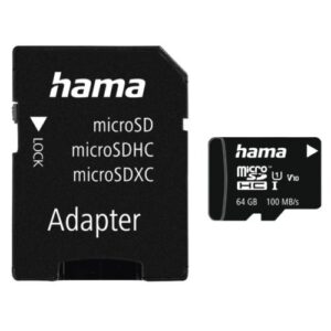 Hama 64GB MicroSDXC Card with SD Adapter, Class 10 UHS-I, V10, 100MB/s