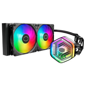 Cooler Master MasterLiquid 240 Atmos ARGB Liquid CPU Cooler, 240mm, Dual Chamber Design, 2x ARGB Fans, Customisable Pump Cover, Black - Image 1