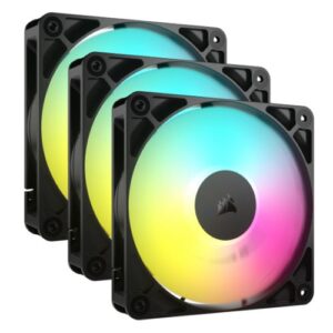 Corsair RS120 ARGB PWM 120mm Case Fans (3 Pack), Magnetic Dome Bearing, Daisy-Chain 4-Pin, 2100 RPM, AirGuide Tech, Black - Image 1